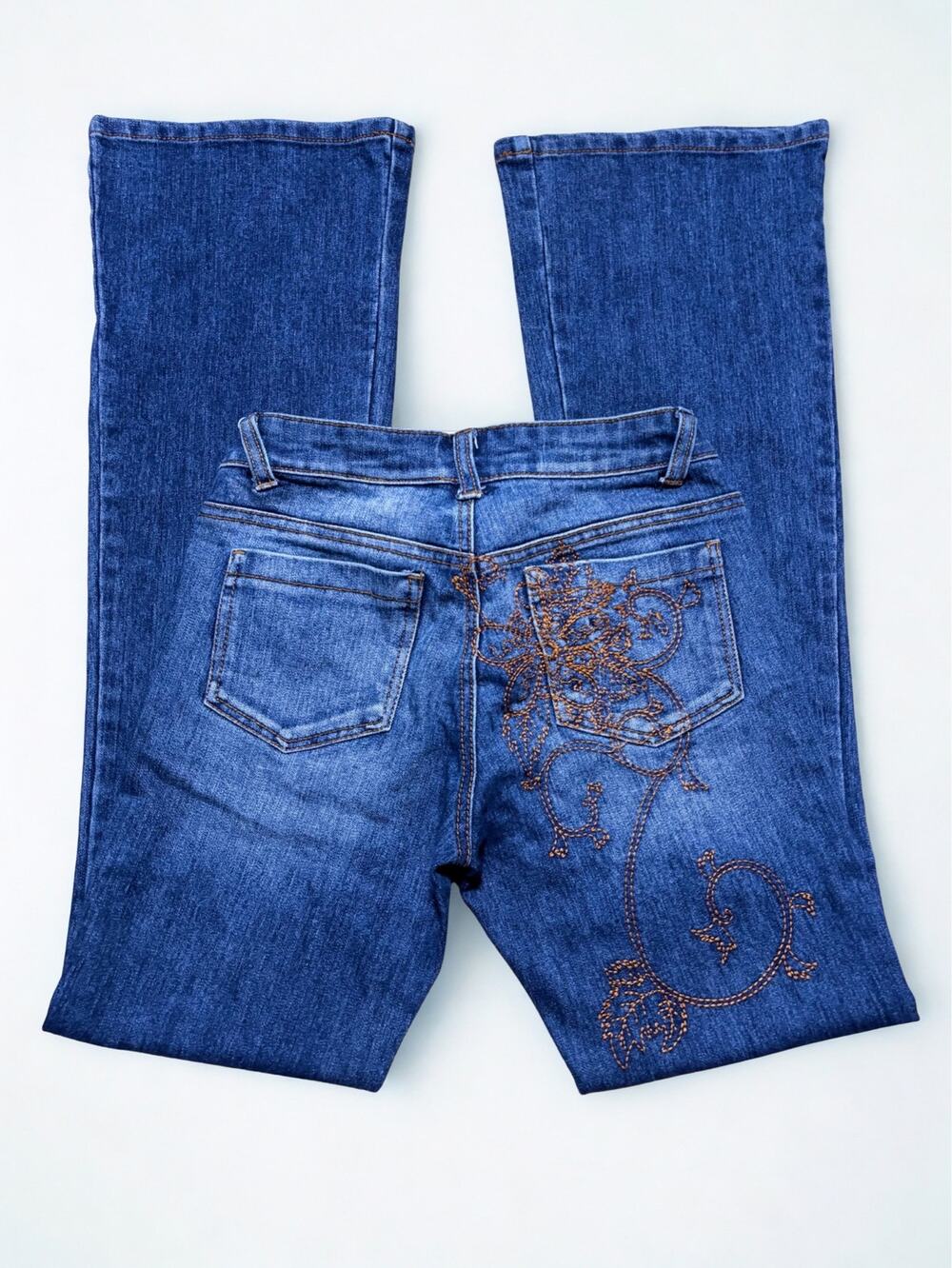 Vtg Y2K Caché Low Rise Bootcut Denim Jeans Orange Floral Embroidery Pocket Sz 0
